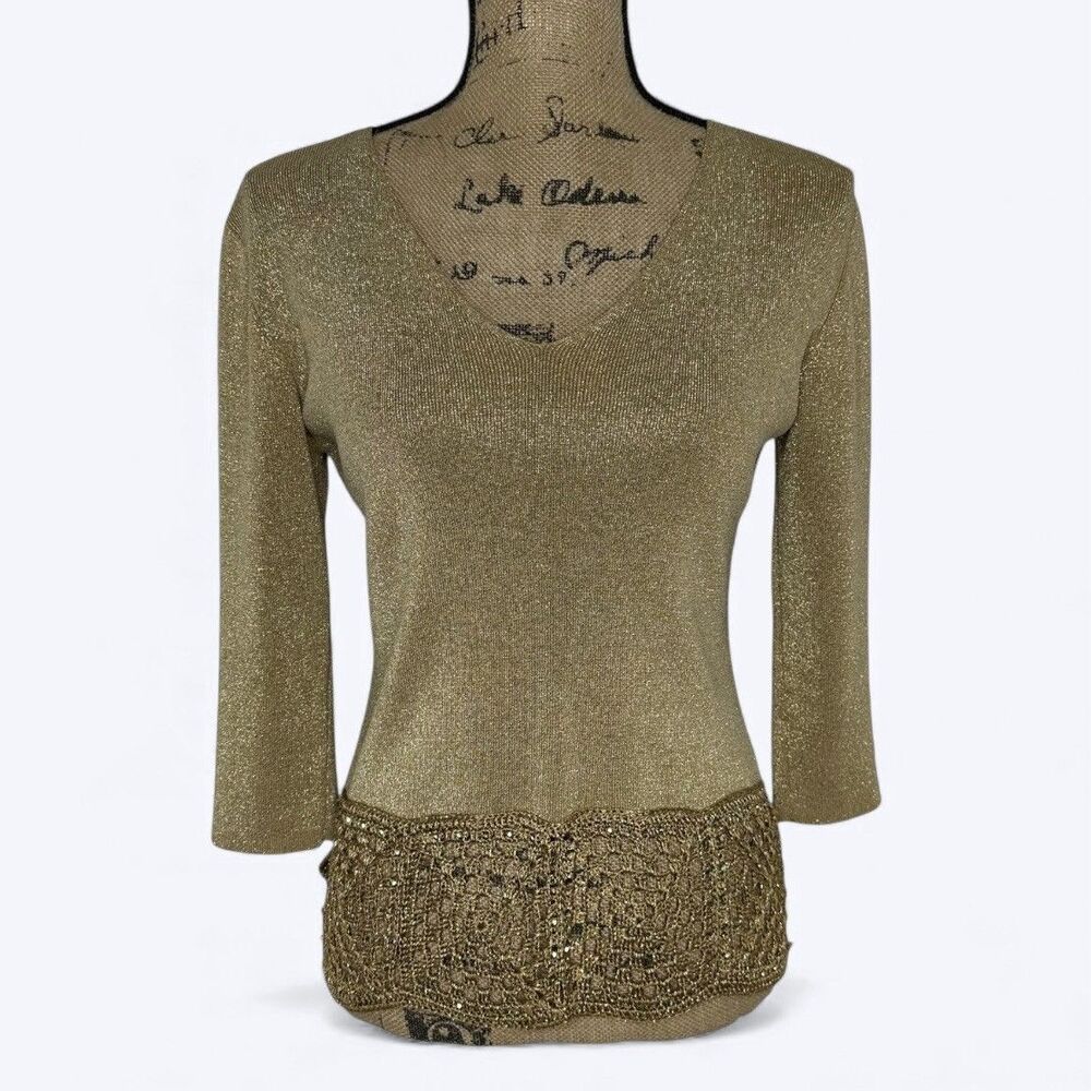 Gold Metallic Knit Sequin Crochet Hem Top Sz S? Holiday Party NYE Vintage Y2K